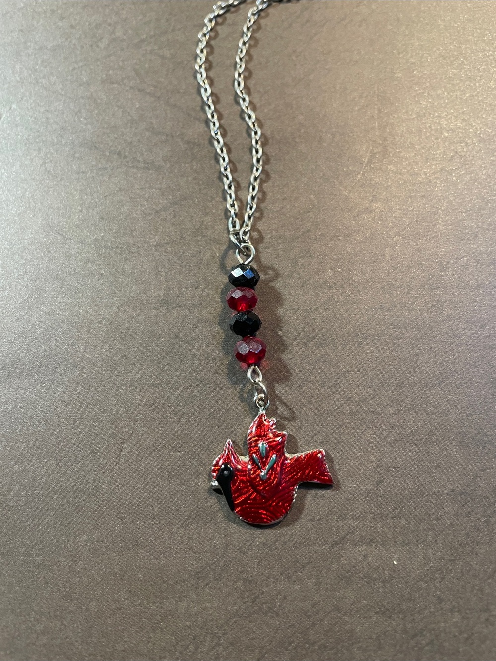 Red Bird Pendant Necklace with Faceted Red and Black Beads